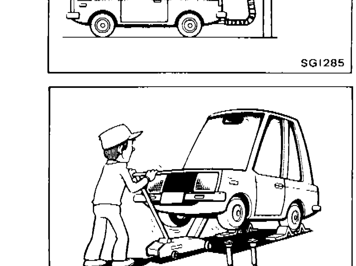 Illustration of a mechanic jacking up a vehicle with safety stands in place