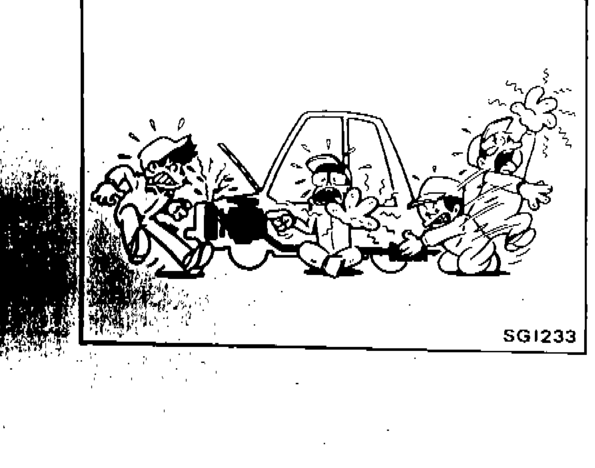 Illustration showing cartoon characters being burned by hot engine parts, warning about burns from radiator, exhaust manifold, tail pipe and muffler