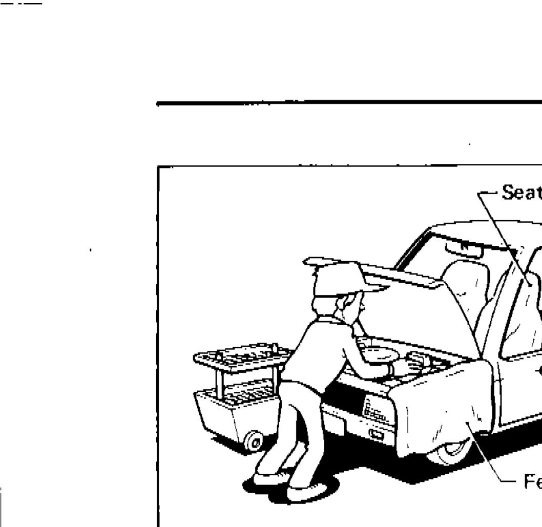Illustration showing a technician with seat cover and fender cover protecting the vehicle during service