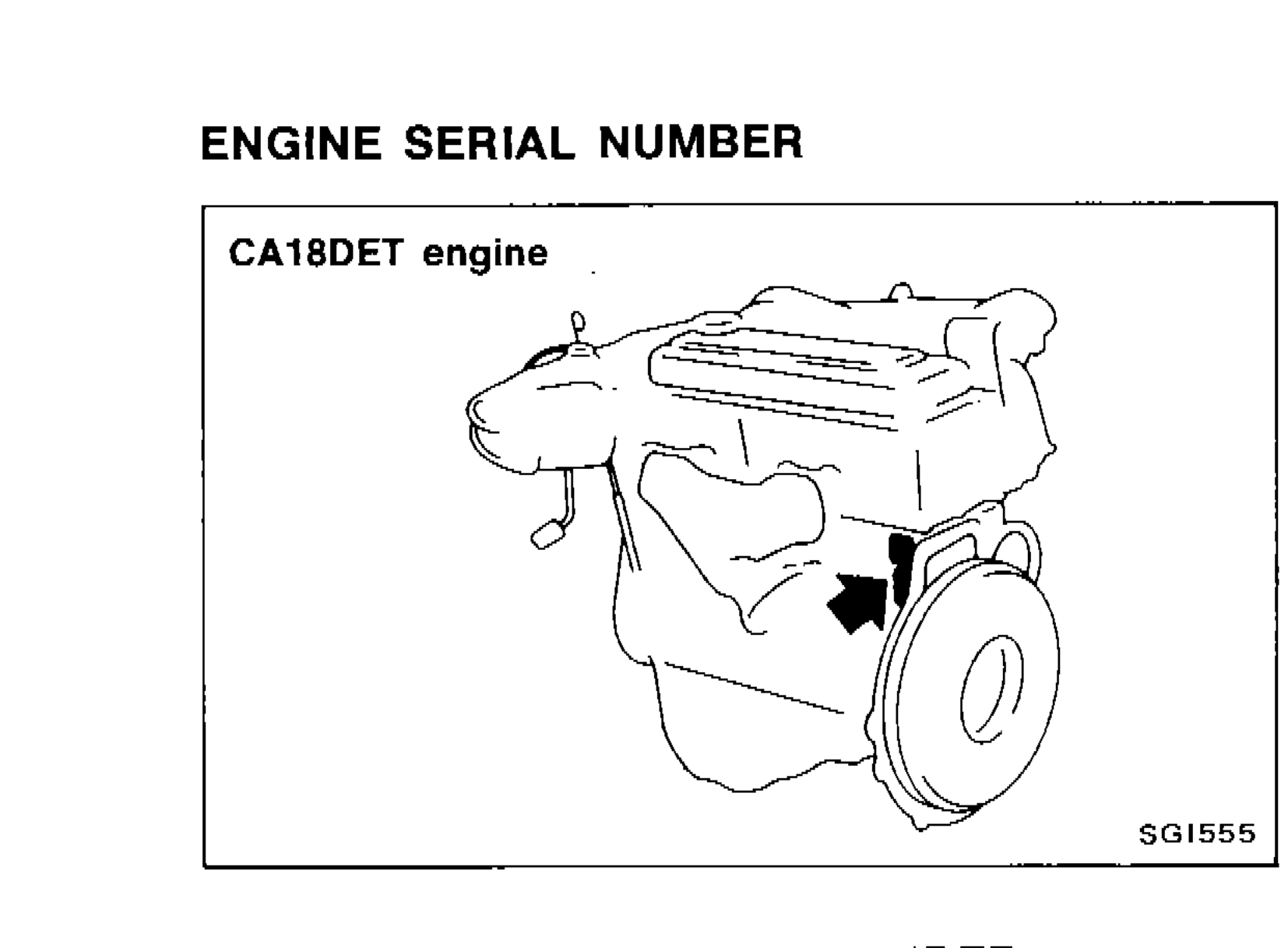 CA18DET engine with arrow indicating engine serial number location