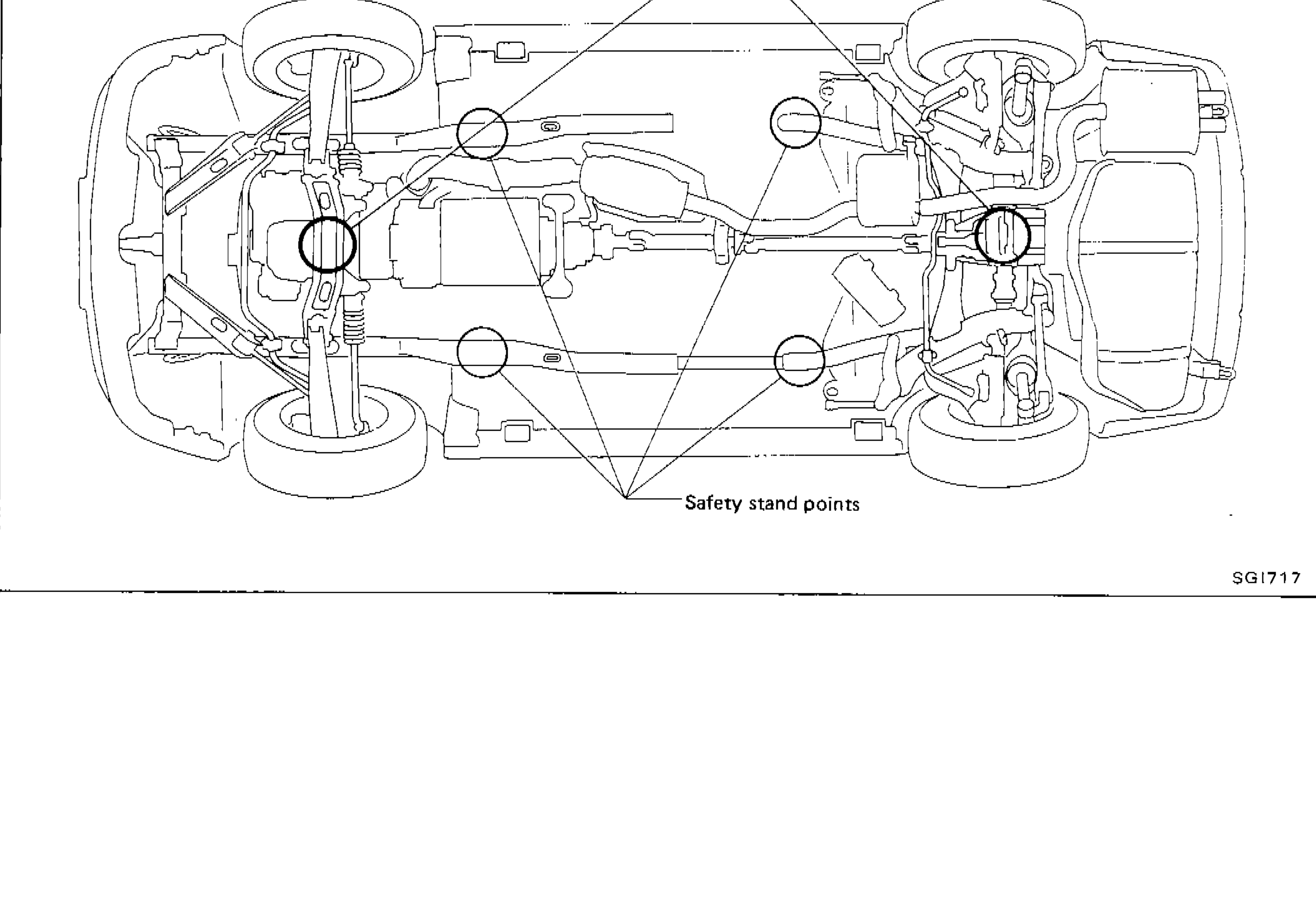 Underside view of the vehicle showing garage jack points (4 locations, indicated with circles near front and rear suspension/subframe areas) and safety stand points (4 locations, indicated with circles at body pinch weld or frame areas), connected by diagonal lines indicating the layout pattern.