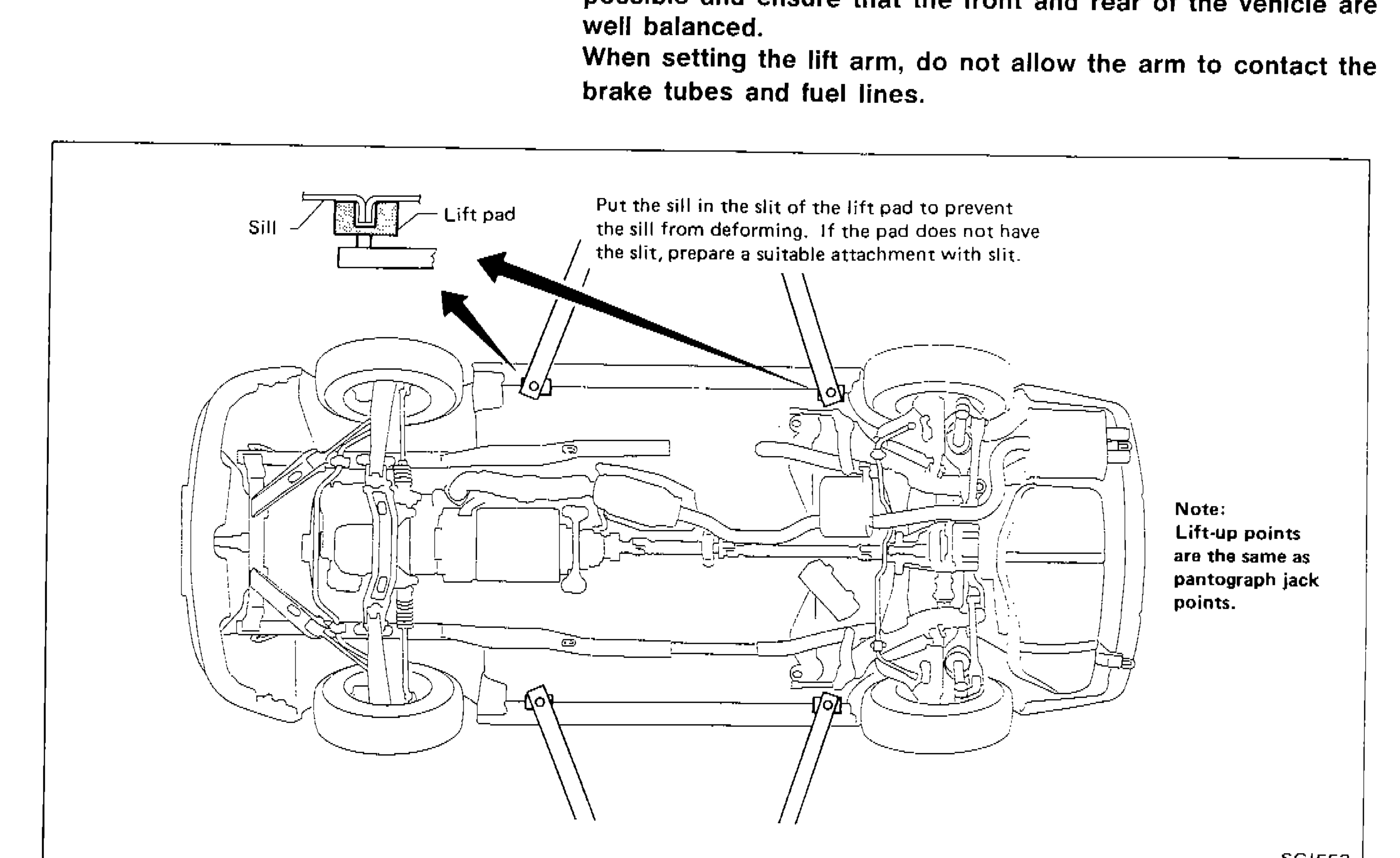 Underside view of vehicle showing 2-pole lift points at four sill locations, with detail inset of sill and lift pad with slit