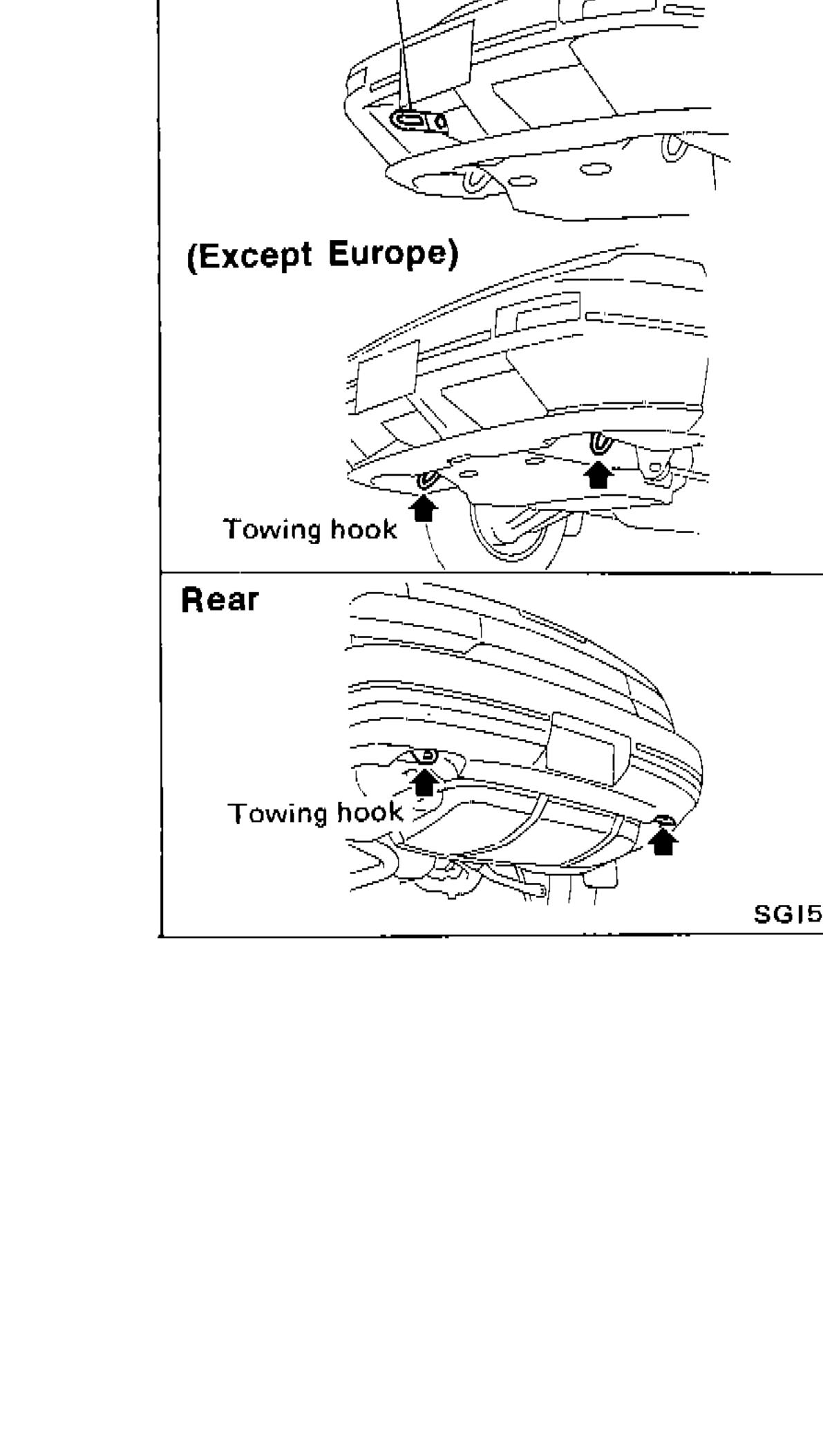 Towing hook locations: Front (Europe) showing towing hook at front bumper area; Front (Except Europe) showing towing hook at lower front bumper area; Rear showing towing hook at rear underside.