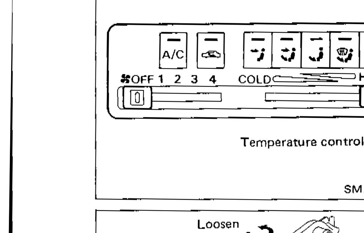 Heater temperature control panel showing A/C button, fan speeds OFF/1/2/3/4, COLD to HOT slider, with arrow indicating temperature control lever position at HOT