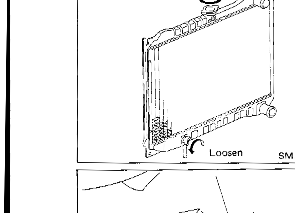 Radiator drain cock at bottom of radiator with 'Loosen' callouts indicating how to open drain cock