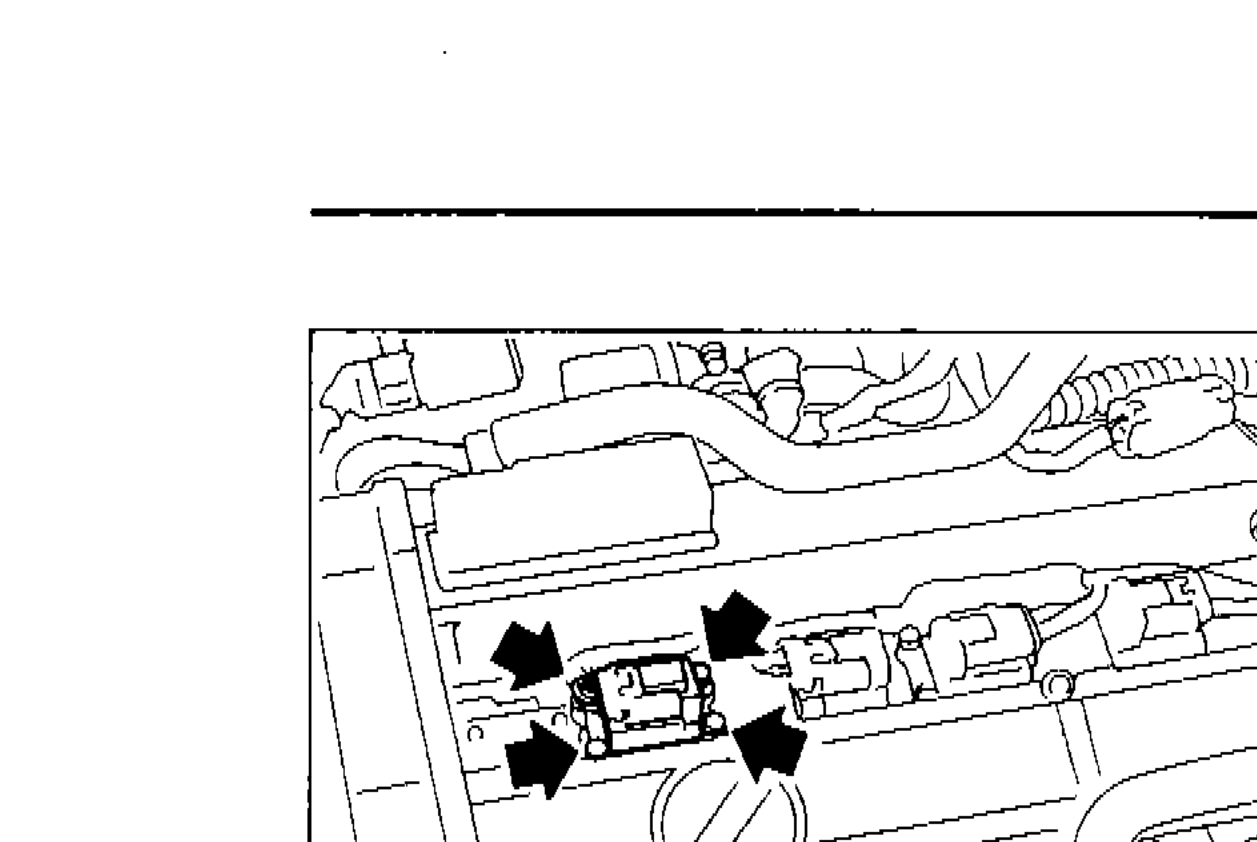 Engine bay photo showing ignition coil bracket location with arrows indicating harness connector and bracket fixing bolts