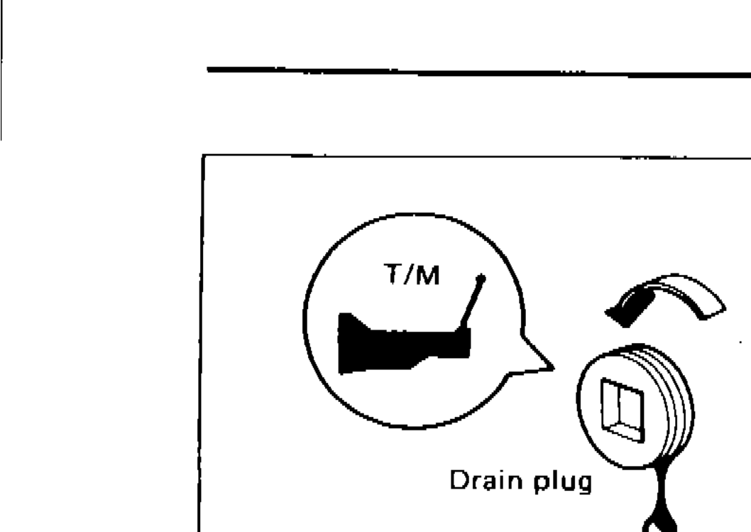 Manual transmission oil drain plug location diagram showing T/M label and drain plug