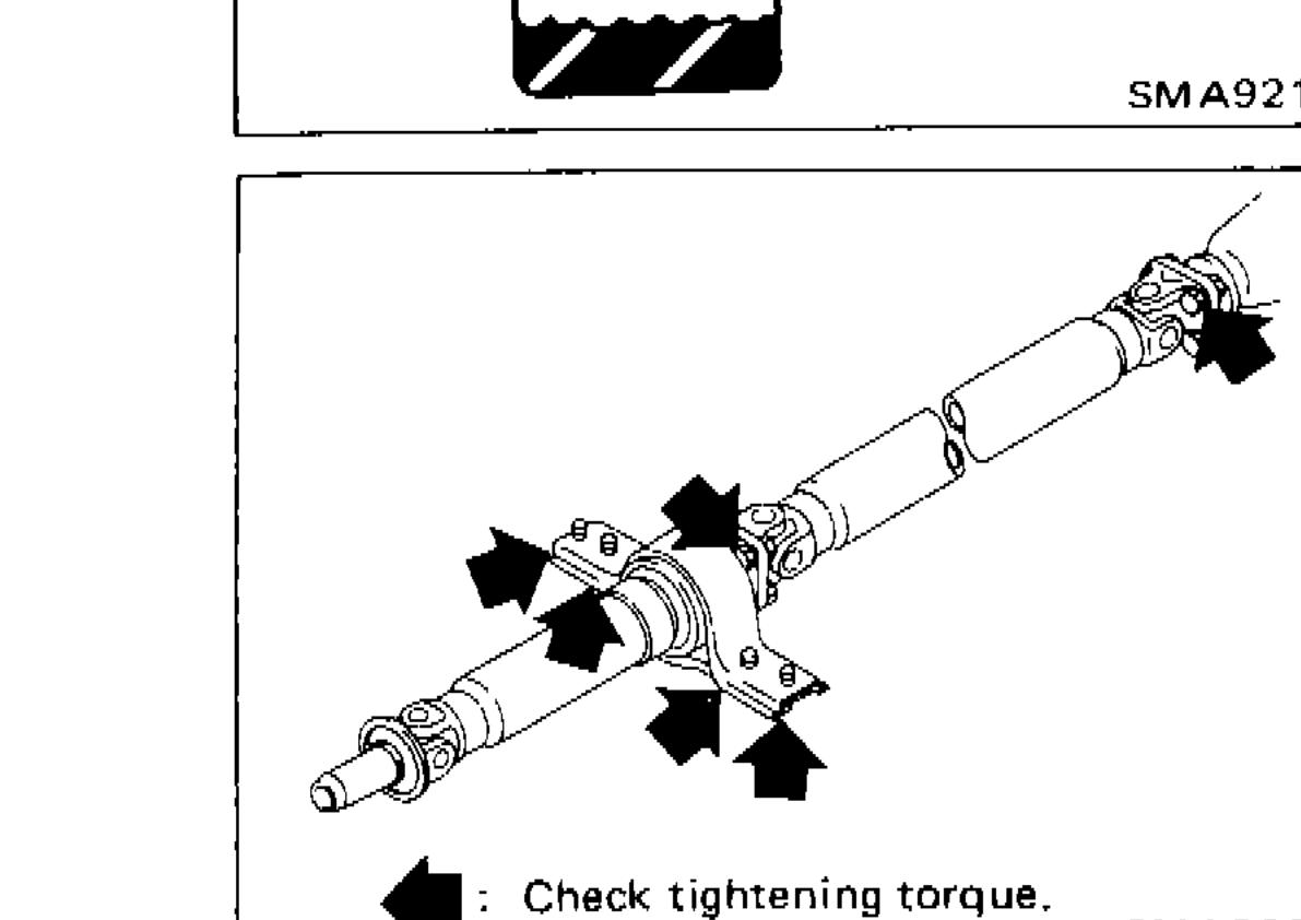 Propeller shaft with arrows indicating check points and tightening torque locations