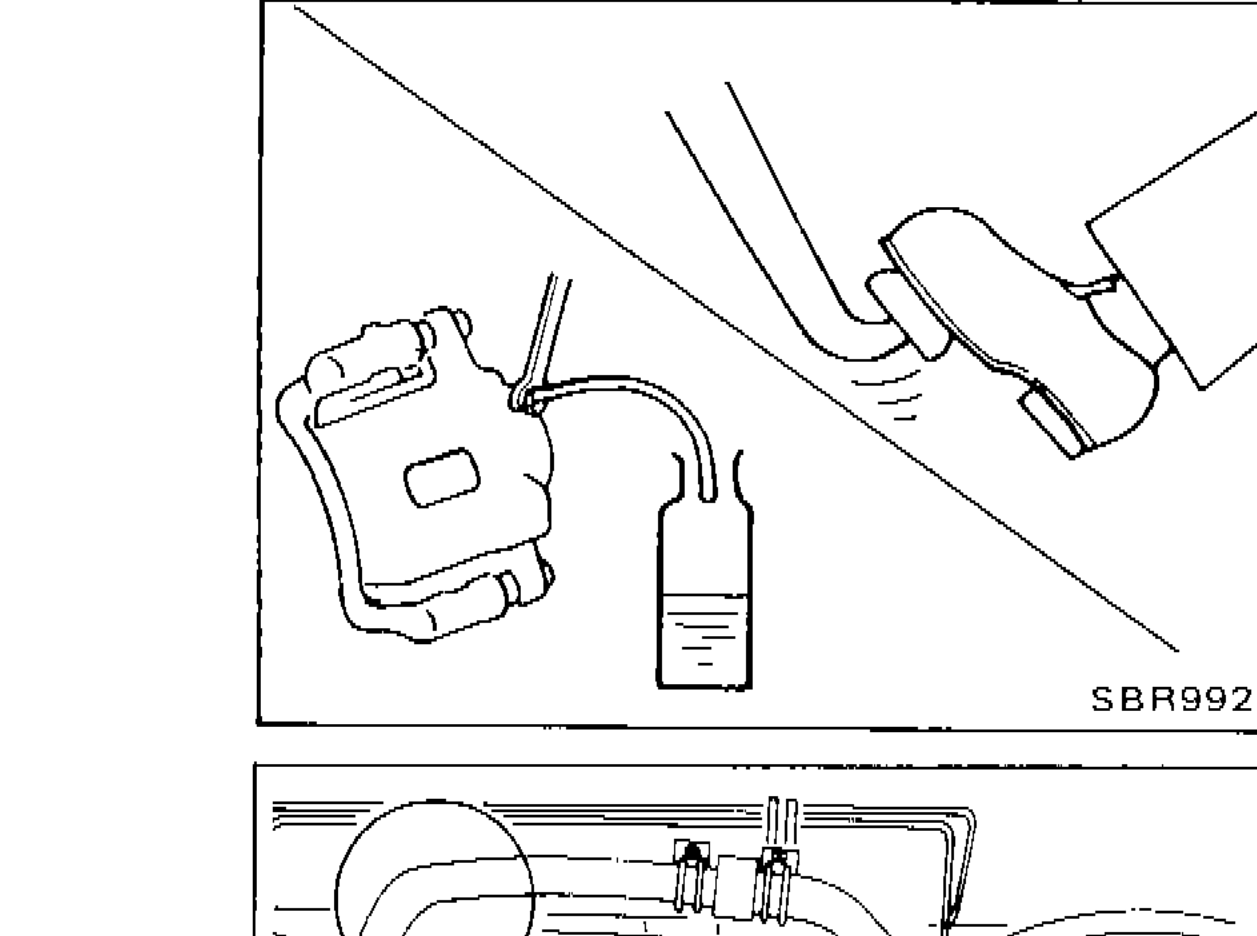 Brake fluid being changed, showing air bleeder valve and fluid container
