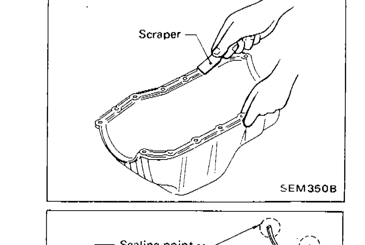 Scraper being used to remove liquid gasket from oil pan mating surface
