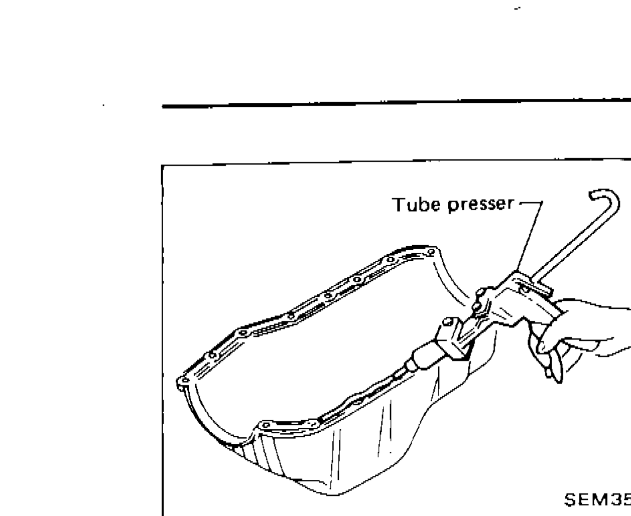 Hand using a tube presser to apply liquid gasket to the mating surface of the oil pan