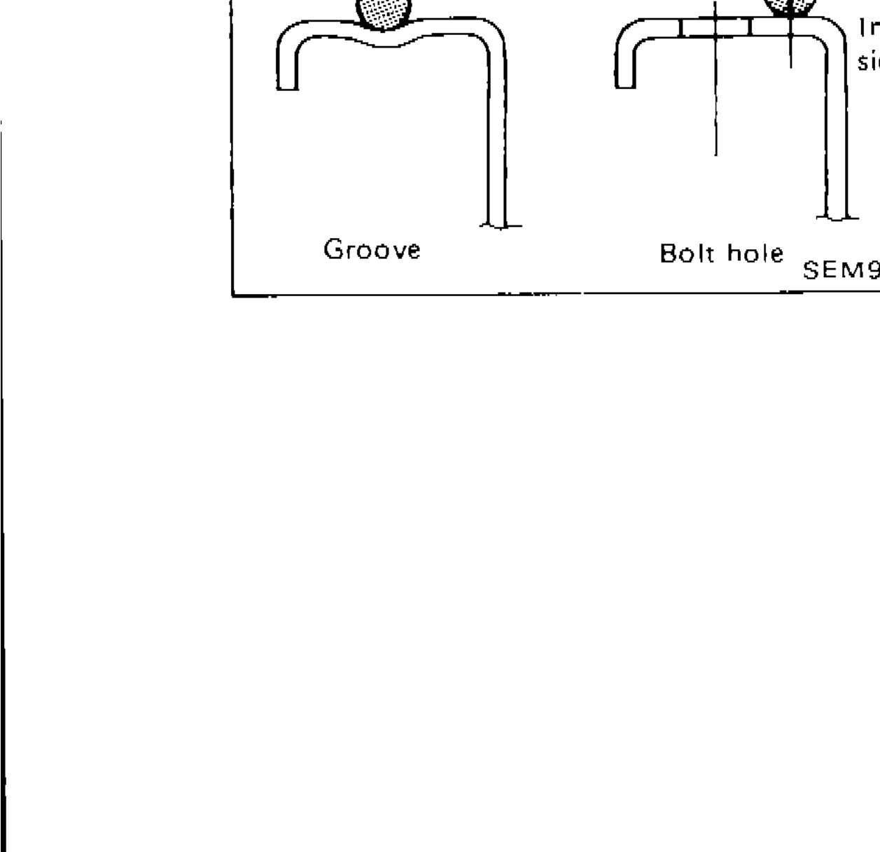 Cross-section diagram showing application of liquid gasket to inner sealing surface near bolt hole, 7 mm (0.28 in) from inner side, with groove and bolt hole labeled