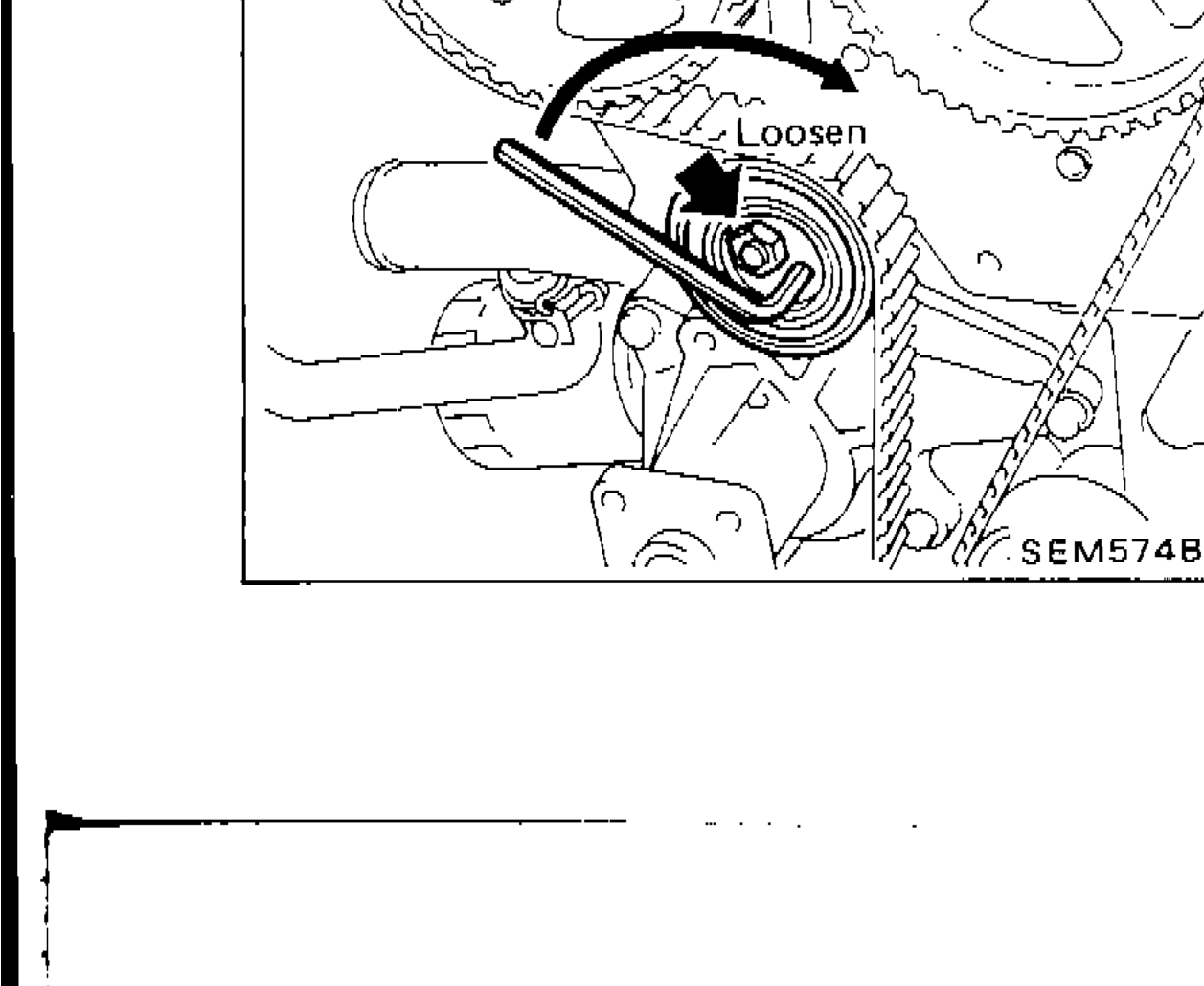 Timing belt tensioner being loosened with tool, arrow indicating direction to turn tensioner to remove timing belt