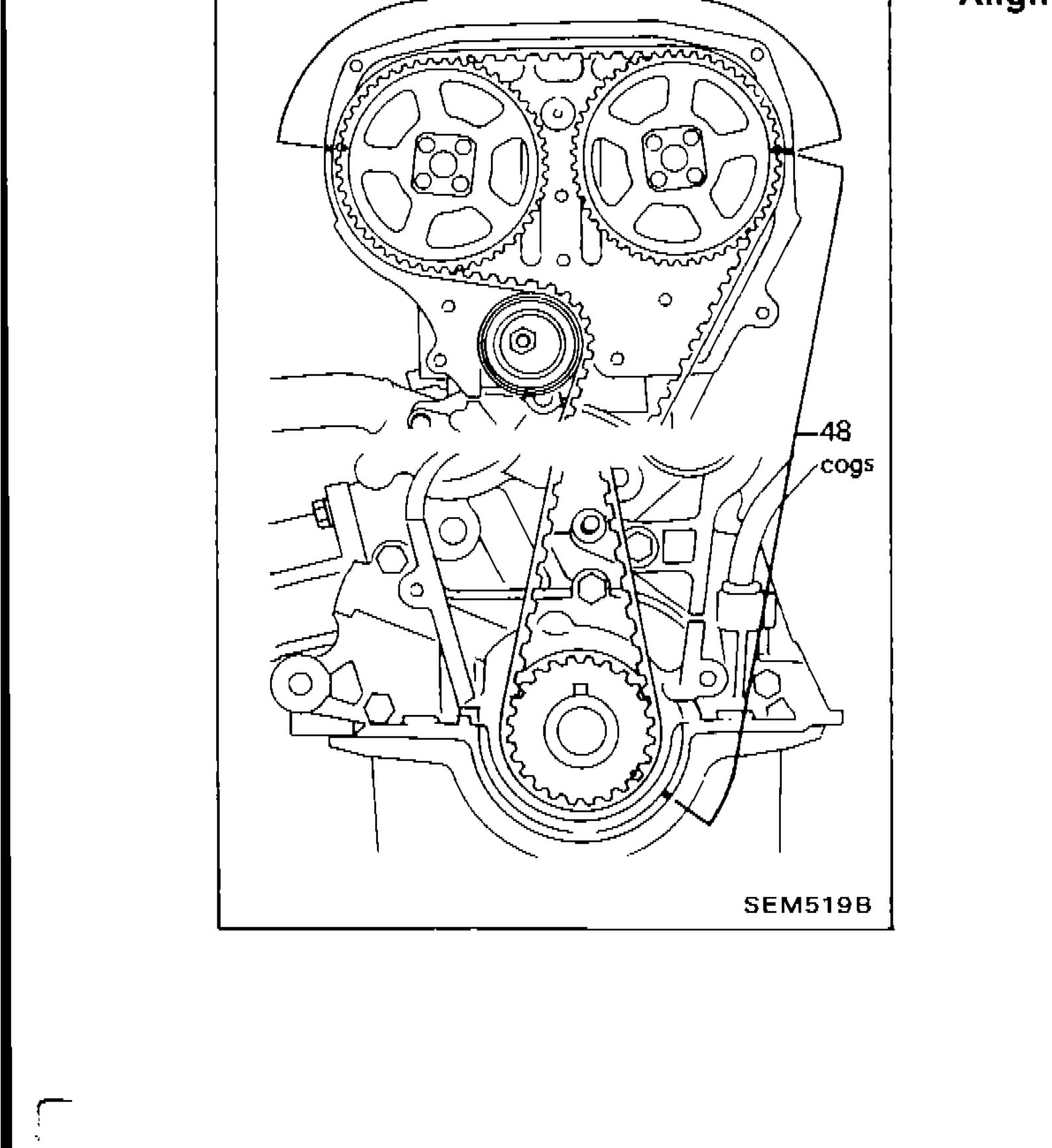 Timing belt cog count diagram — showing 39 cogs (top, between cam sprockets) and 48 cogs (right side, between cam sprocket and crank sprocket)