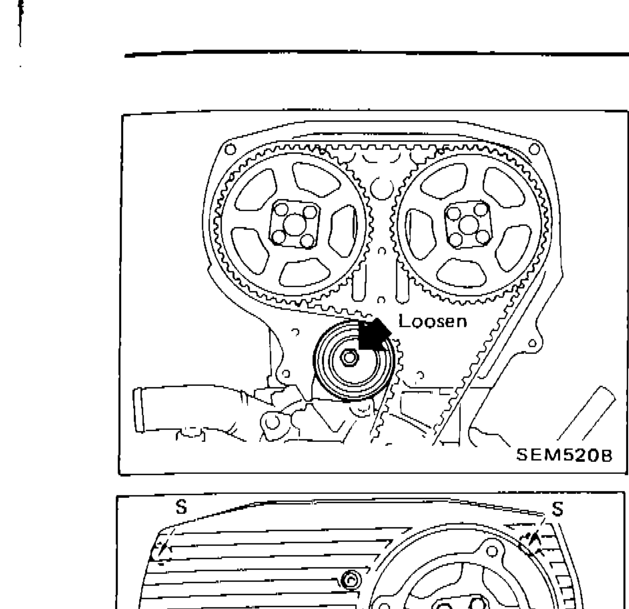 Timing belt tensioner area showing tensioner lock nut with 'Loosen' callout and hexagon wrench location