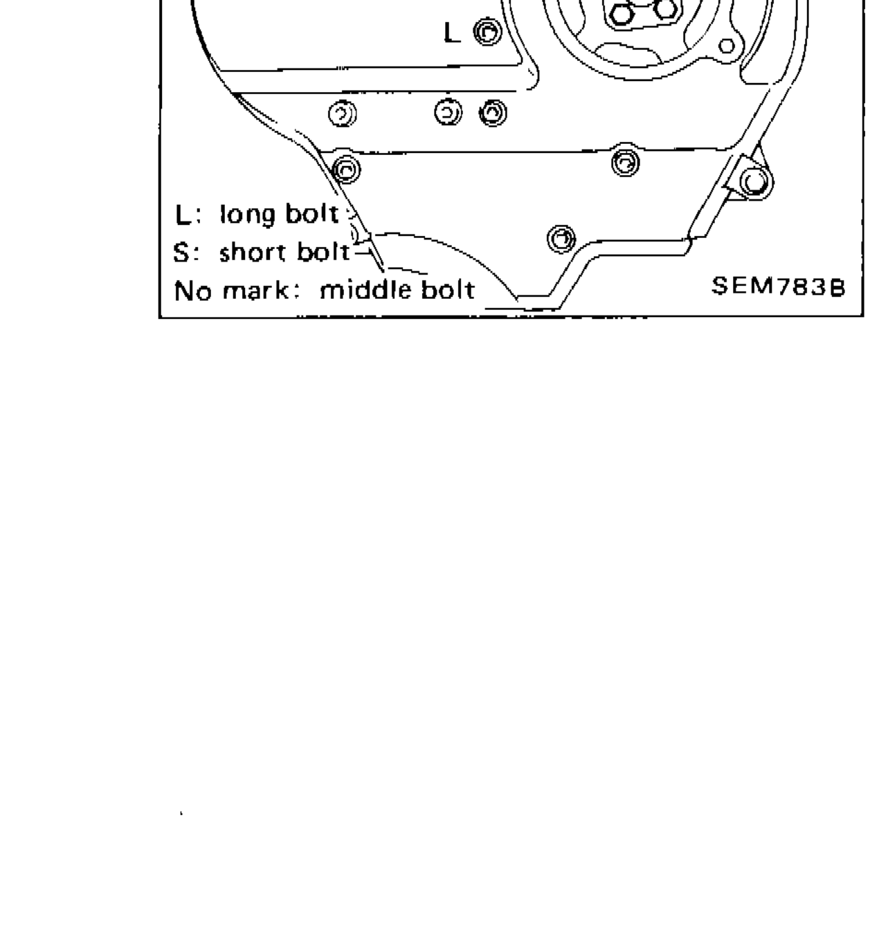 Lower and upper timing belt cover installation diagram showing bolt position legend: L = long bolt, S = short bolt, No mark = middle bolt