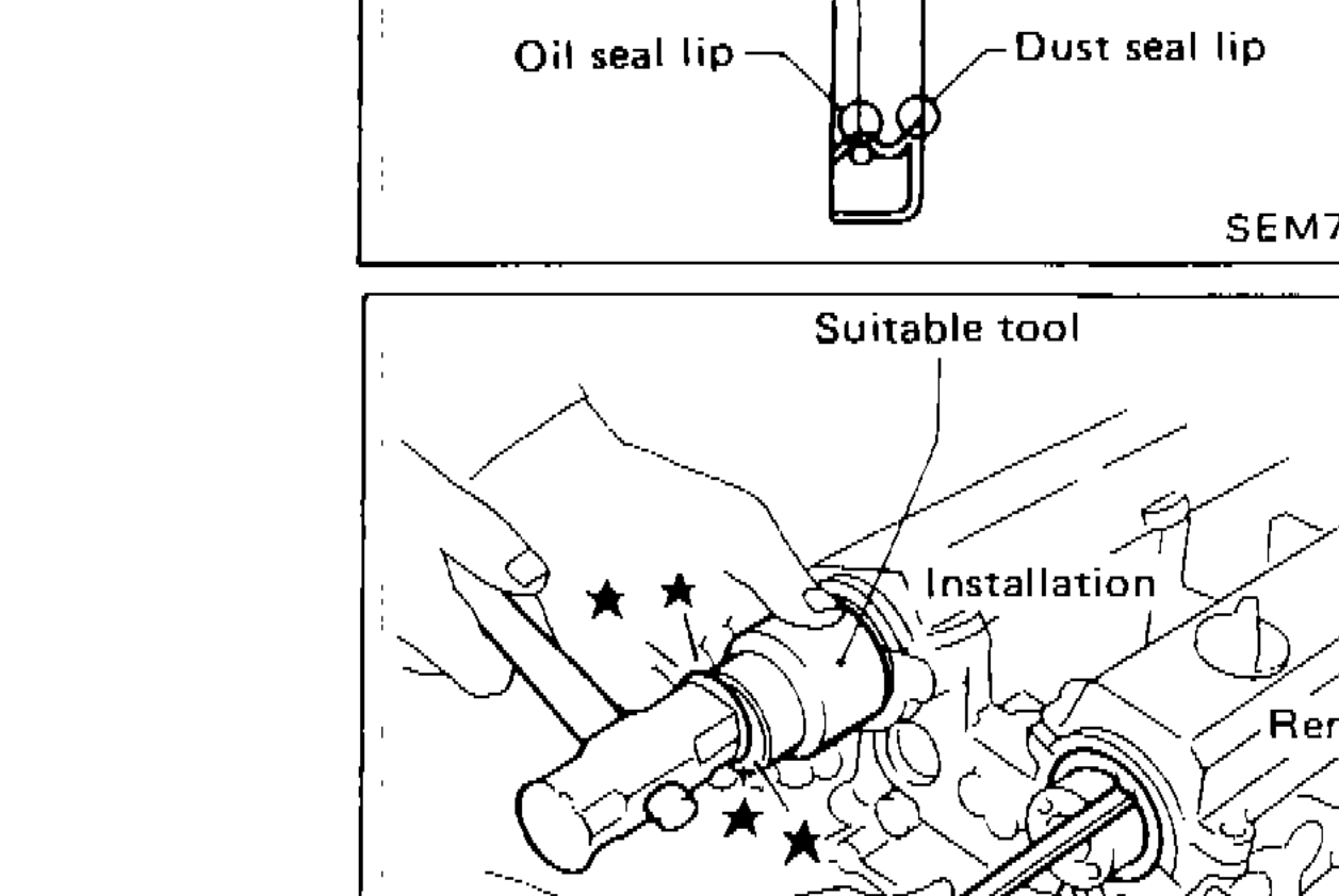 Illustration showing camshaft oil seal removal and installation using a suitable tool, with arrows indicating Installation and Removal directions