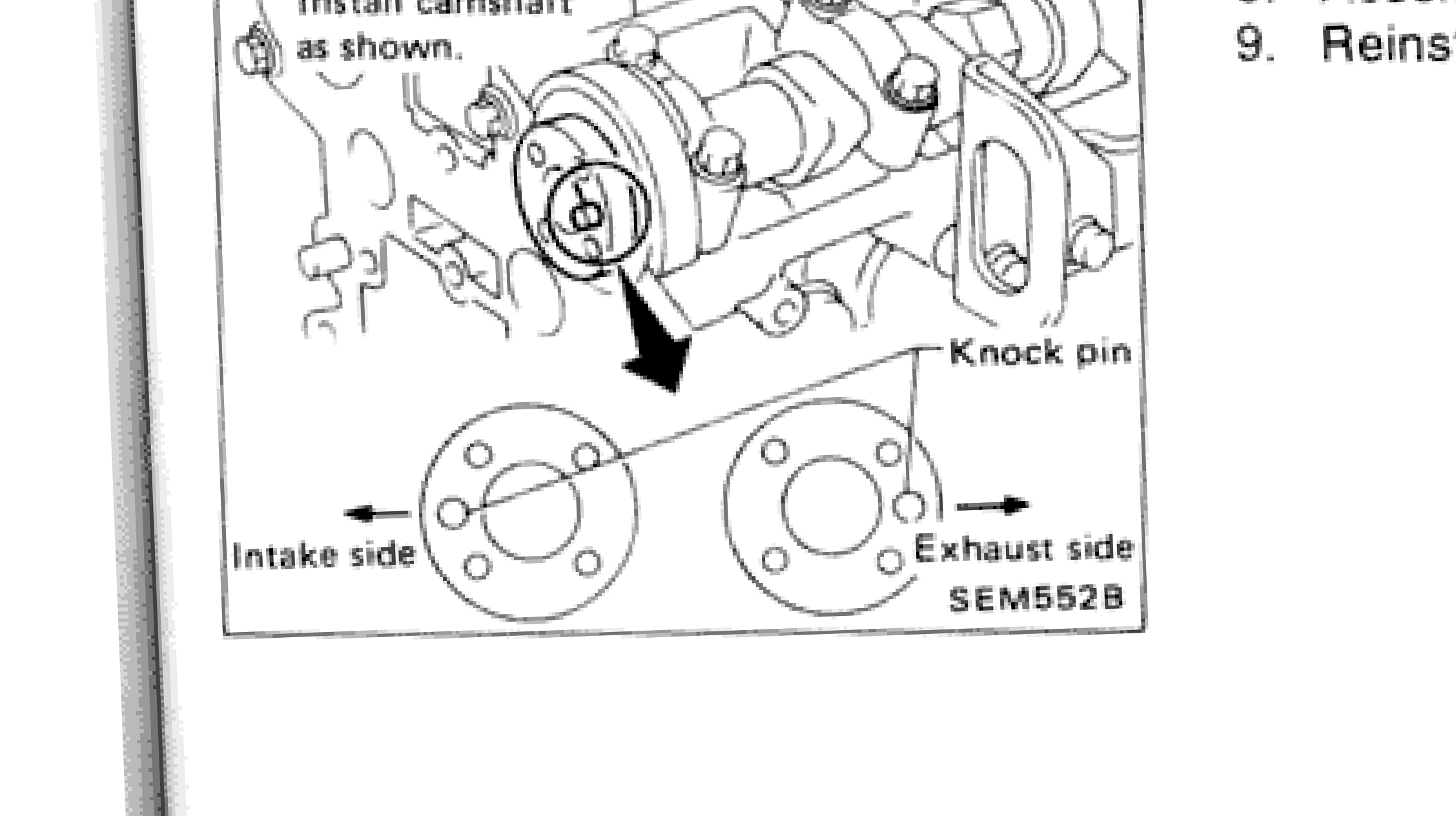 Camshaft installation diagram showing knock pin position, intake side and exhaust side orientation