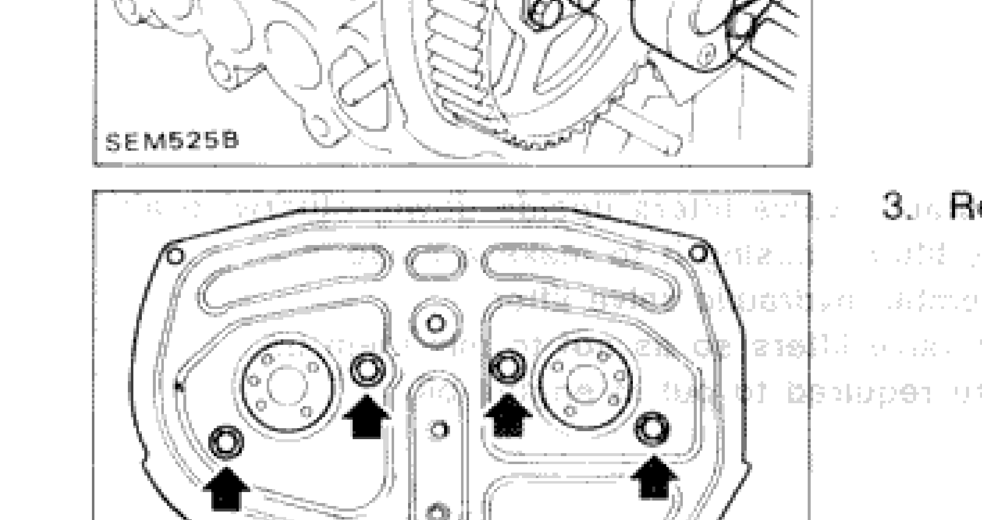 Photograph showing tensioner pulley and rear cover area with arrows indicating removal points