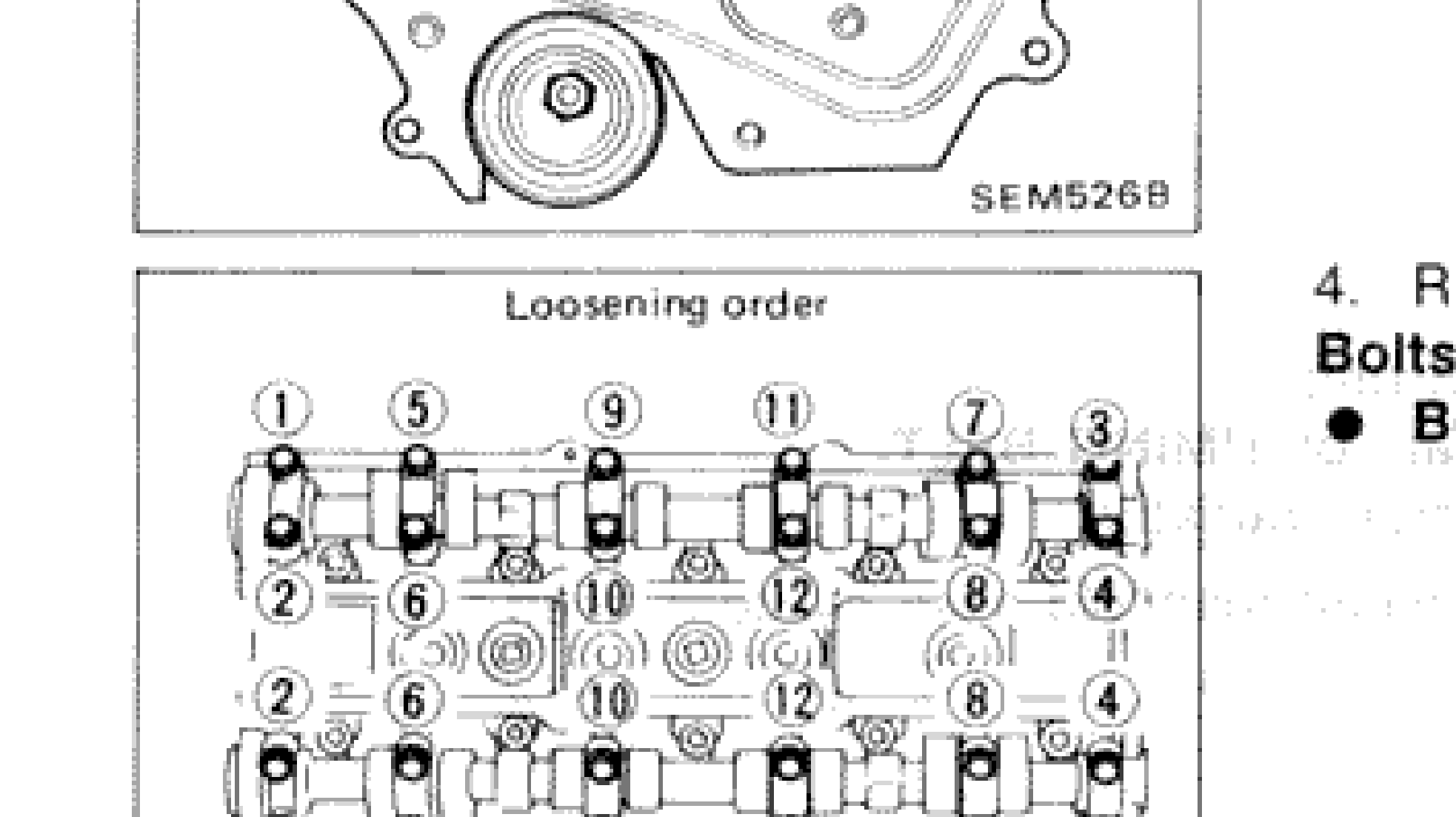 Diagram showing camshaft bracket bolt loosening order, numbered 1 through 12 in two rows (intake and exhaust camshafts)