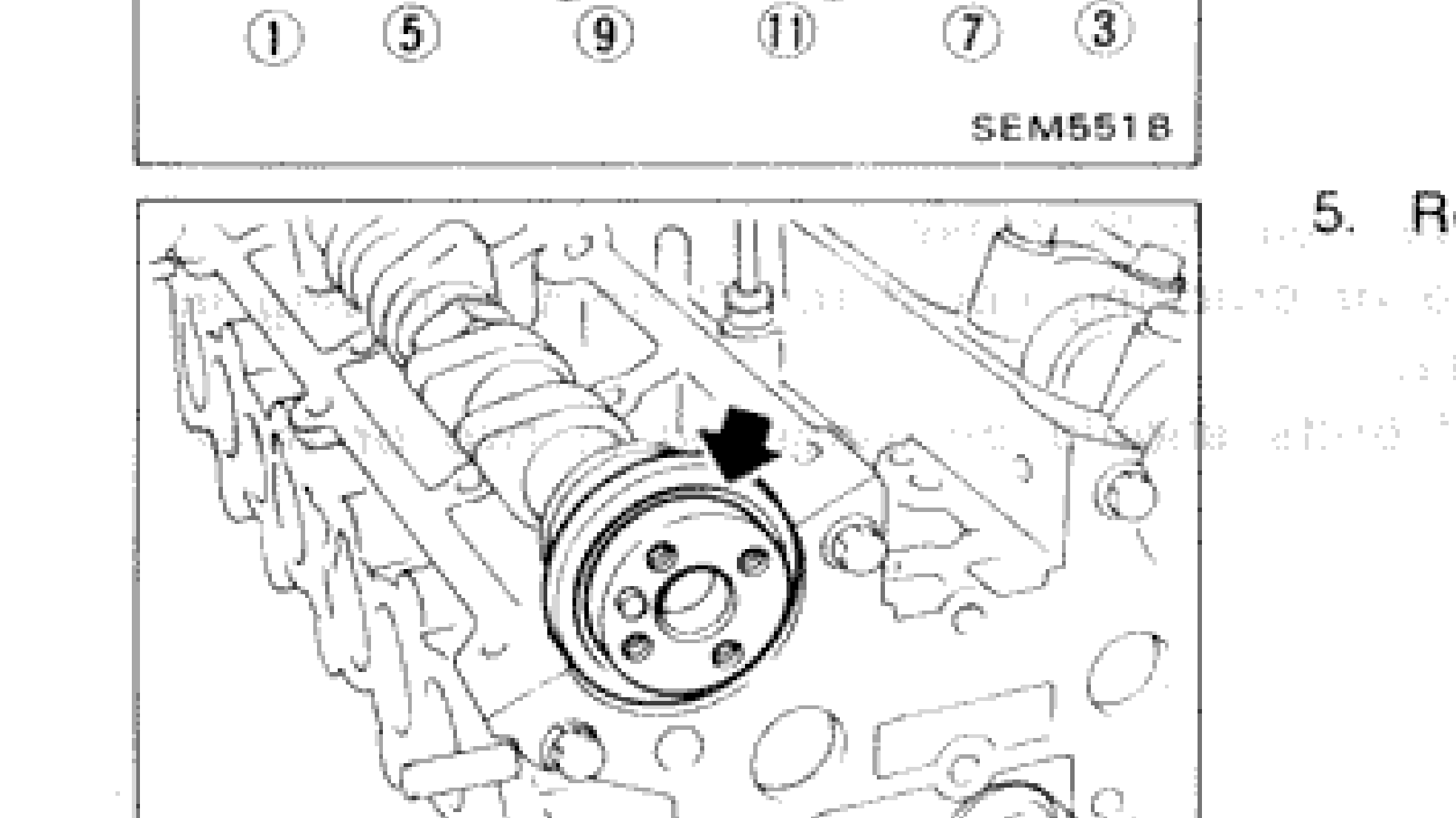 Photograph showing removal of oil seals, camshafts and hydraulic valve lifters with arrow indicating component