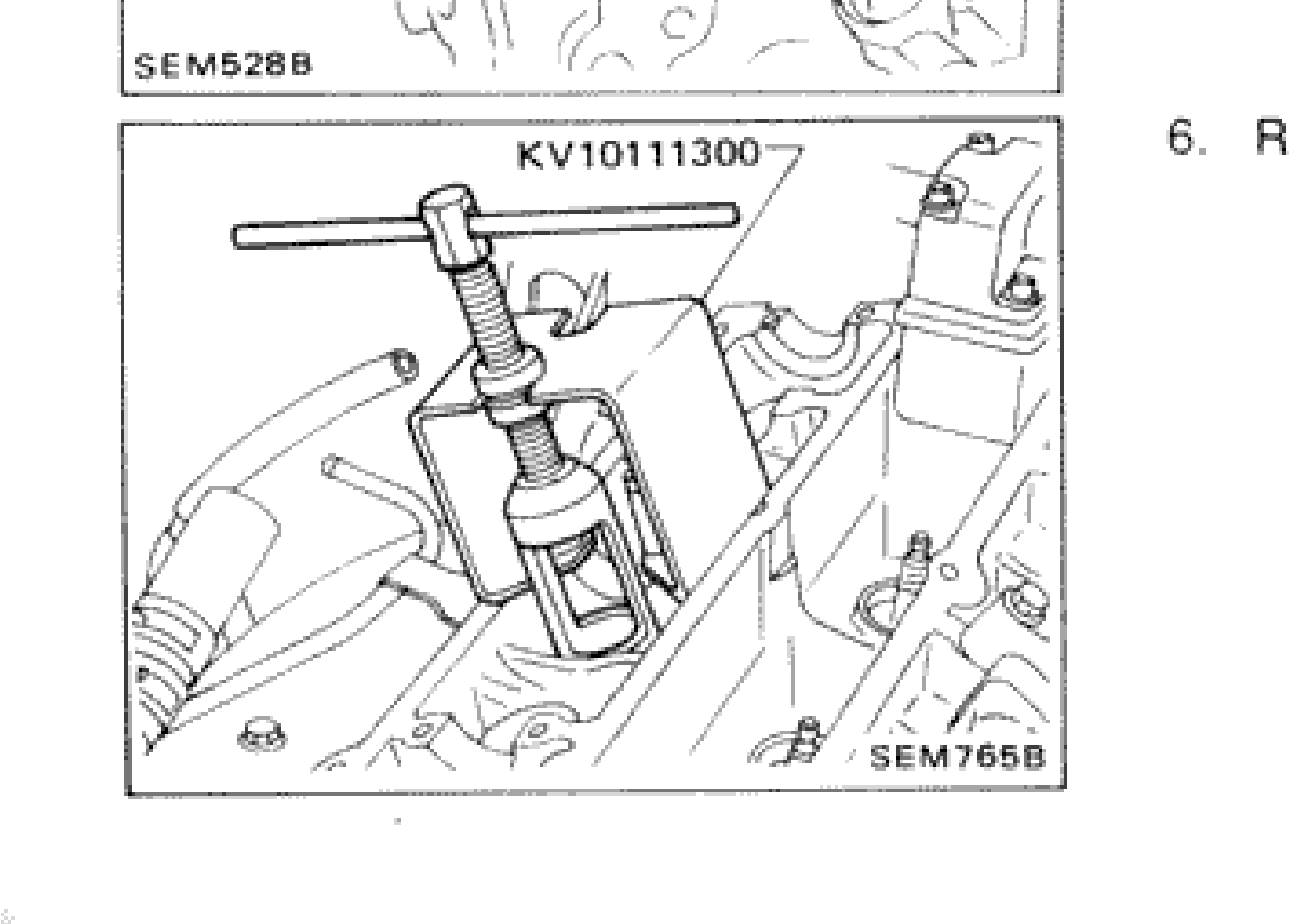 Illustration showing valve spring compressor tool KV10111300 being used to remove valve components from cylinder head