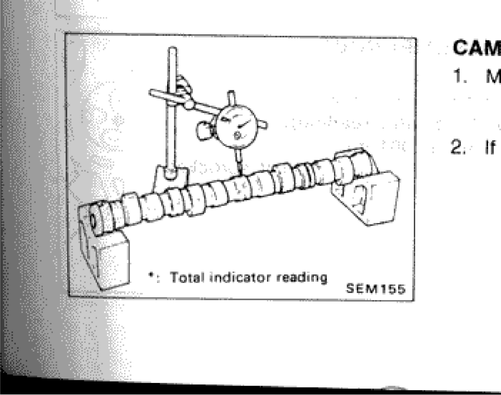 Illustration of camshaft runout measurement at center journal using dial indicator (total indicator reading)