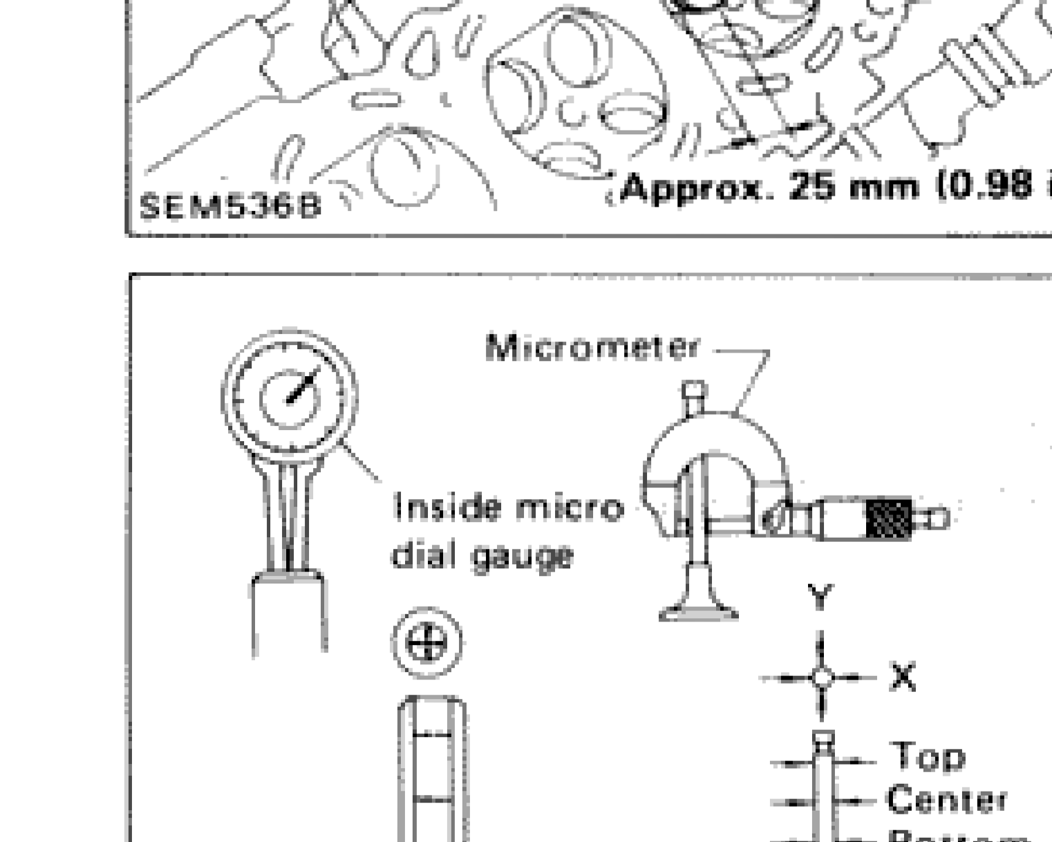 Diagram showing micrometer and inside micro dial gauge measuring valve guide inner diameter and valve stem diameter at Top, Center, and Bottom positions along X and Y axes