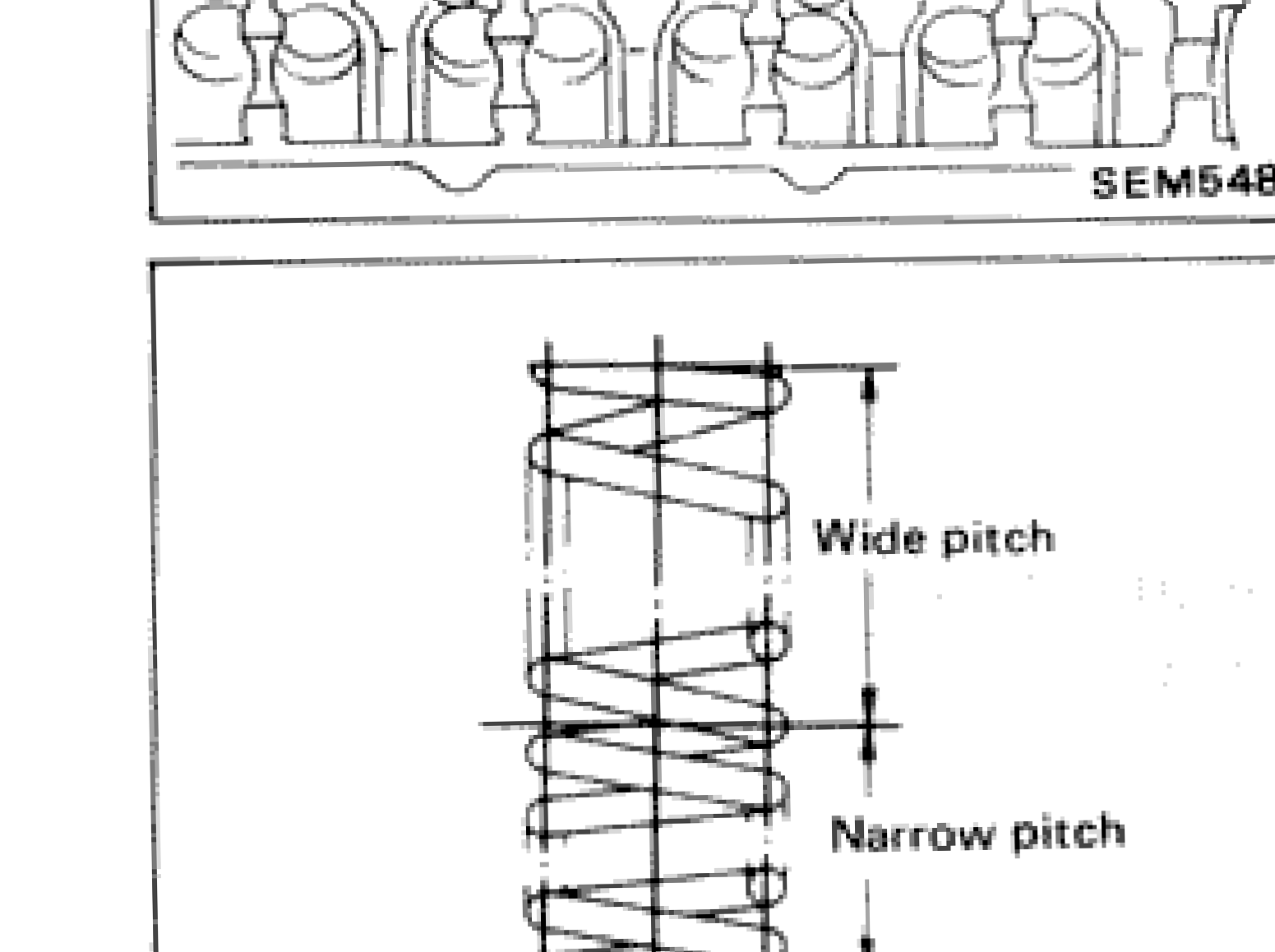Valve spring (uneven pitch type) showing wide pitch end and narrow pitch (painted) end, with arrow indicating painted side orientation