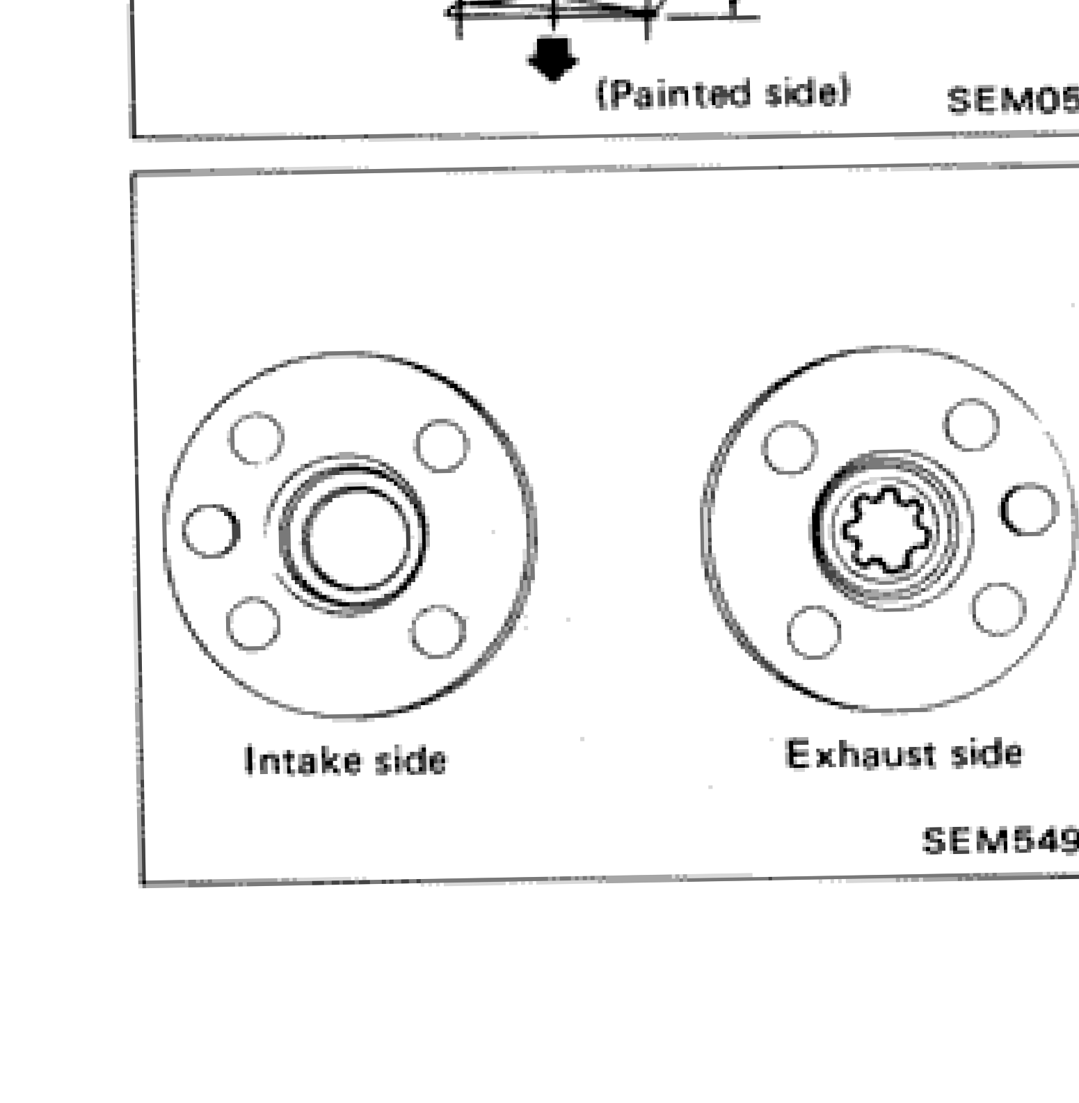 End views of intake side camshaft (plain journal end) and exhaust side camshaft (with spline for crank angle sensor)