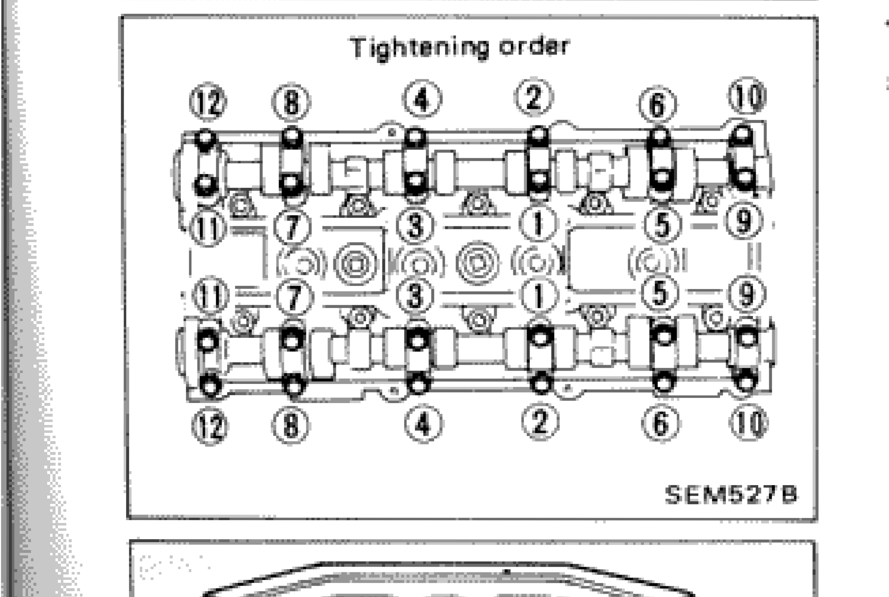 Camshaft bracket bolt tightening order diagram showing numbered sequence 1-12 for both intake and exhaust sides