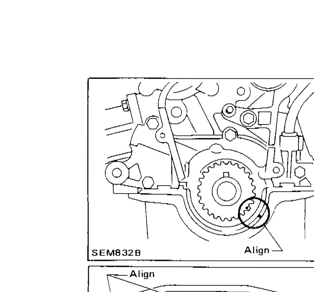Crankshaft sprocket aligning mark aligned with mark on oil pump body, with 'Align' callout arrow