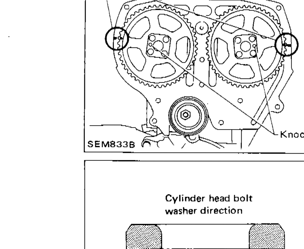 Camshaft sprocket aligning marks aligned with marks on timing belt rear cover, with 'Align' and 'Knock pin' callouts