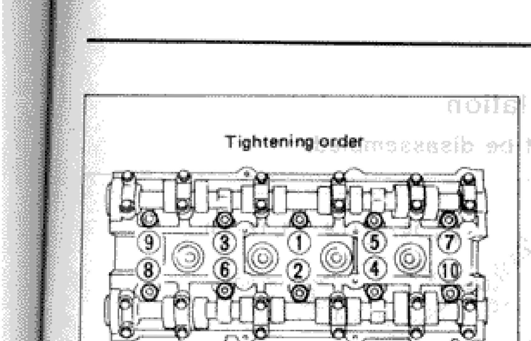Cylinder head bolt tightening order diagram showing numerical sequence (1–10) for bolt tightening on the cylinder head