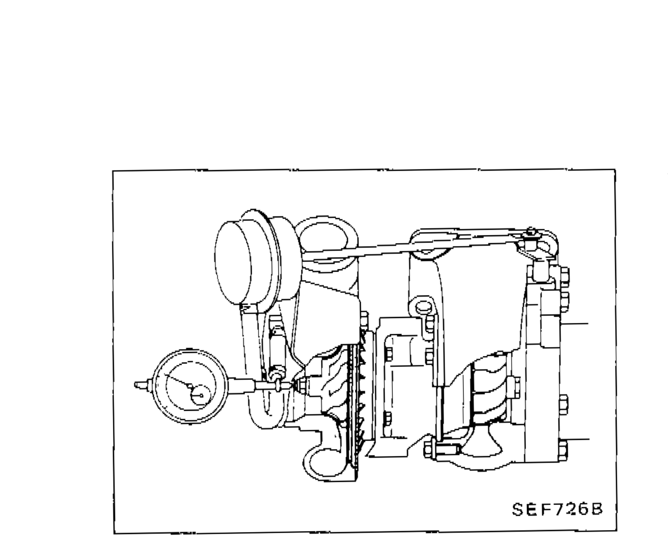 Turbocharger assembly showing turbine and compressor wheel inspection setup