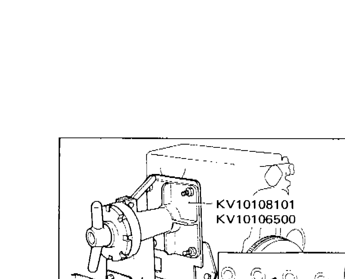 Engine on work stand using tools KV10108101, KV10106500, and ST0501S000
