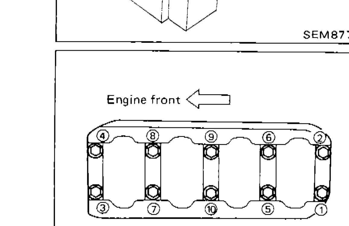 Bearing cap bolt loosening sequence diagram showing numbered bolt positions with engine front direction indicated