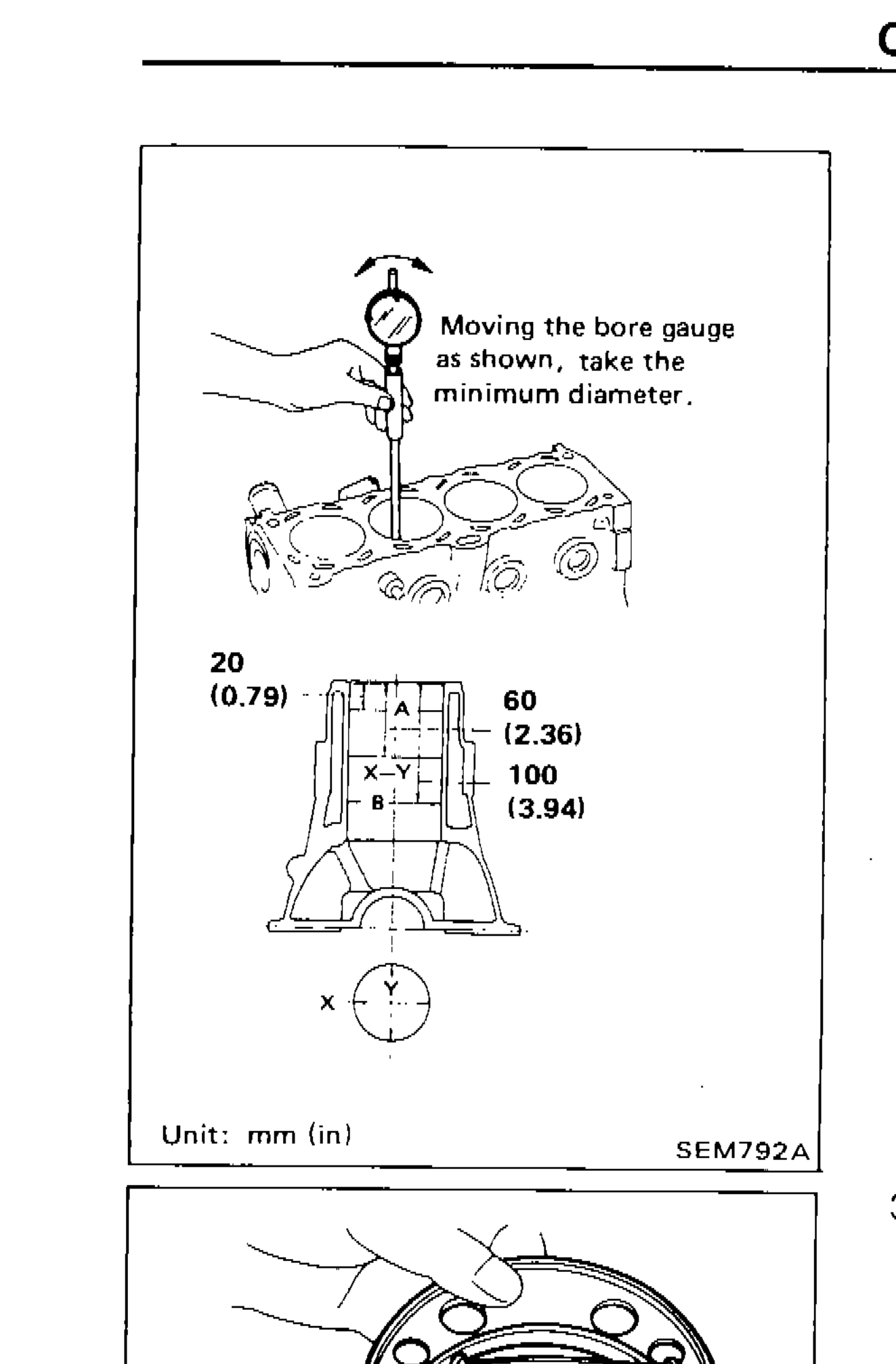 Bore gauge being used to measure cylinder bore diameter, showing measurement points X-Y (out-of-round) and A-B (taper) at positions 20mm (0.79in), 60mm (2.36in), and 100mm (3.94in) from top of bore.