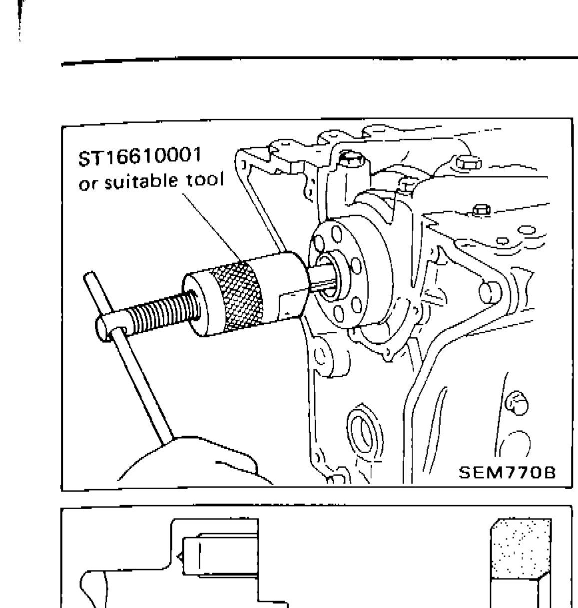 Tool ST16610001 or suitable tool being used to remove pilot bushing from crankshaft end of cylinder block