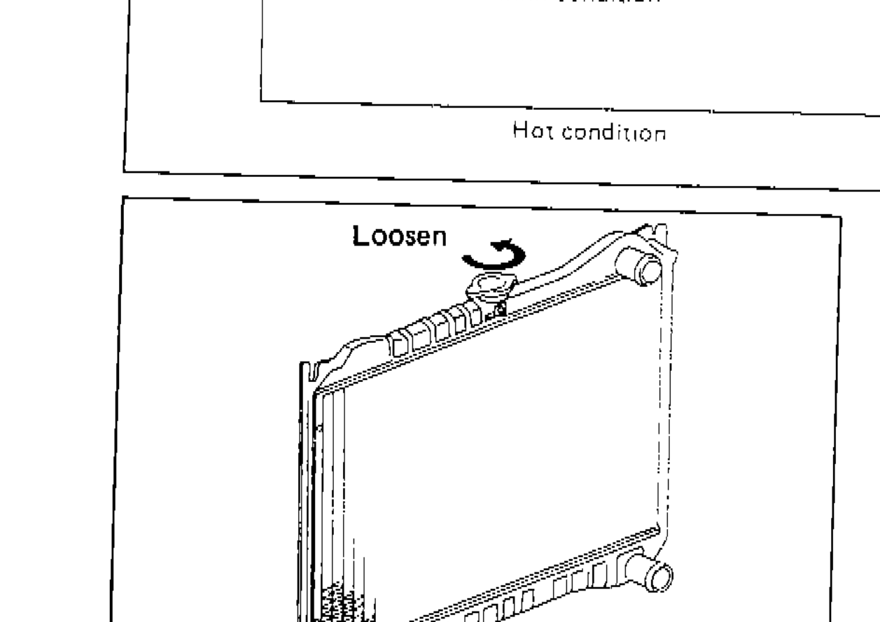 Photo showing radiator with two 'Loosen' callouts indicating where to loosen fasteners/hose clamps for coolant drain.