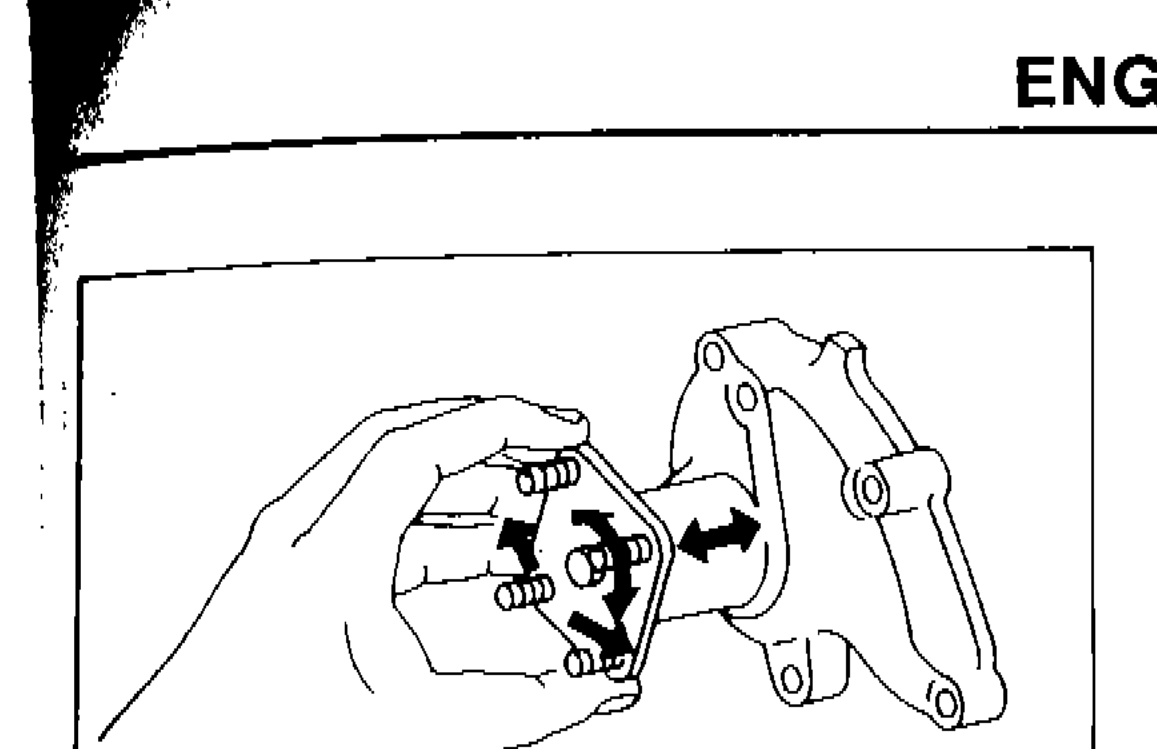Hands checking water pump body assembly and vane for rust or corrosion, and checking for excessive end play
