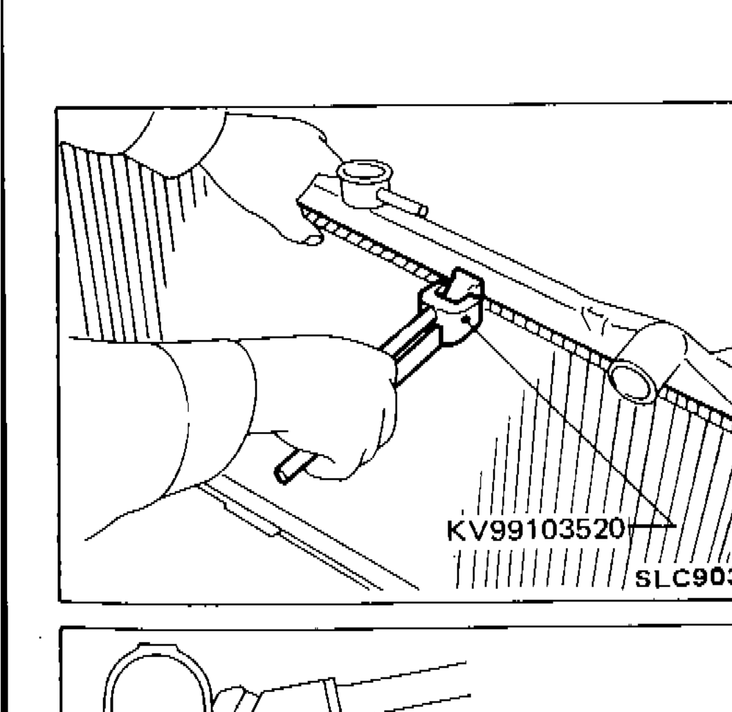 Illustration showing use of tool KV99103520 to remove tank from aluminum radiator by gripping the crimped edge