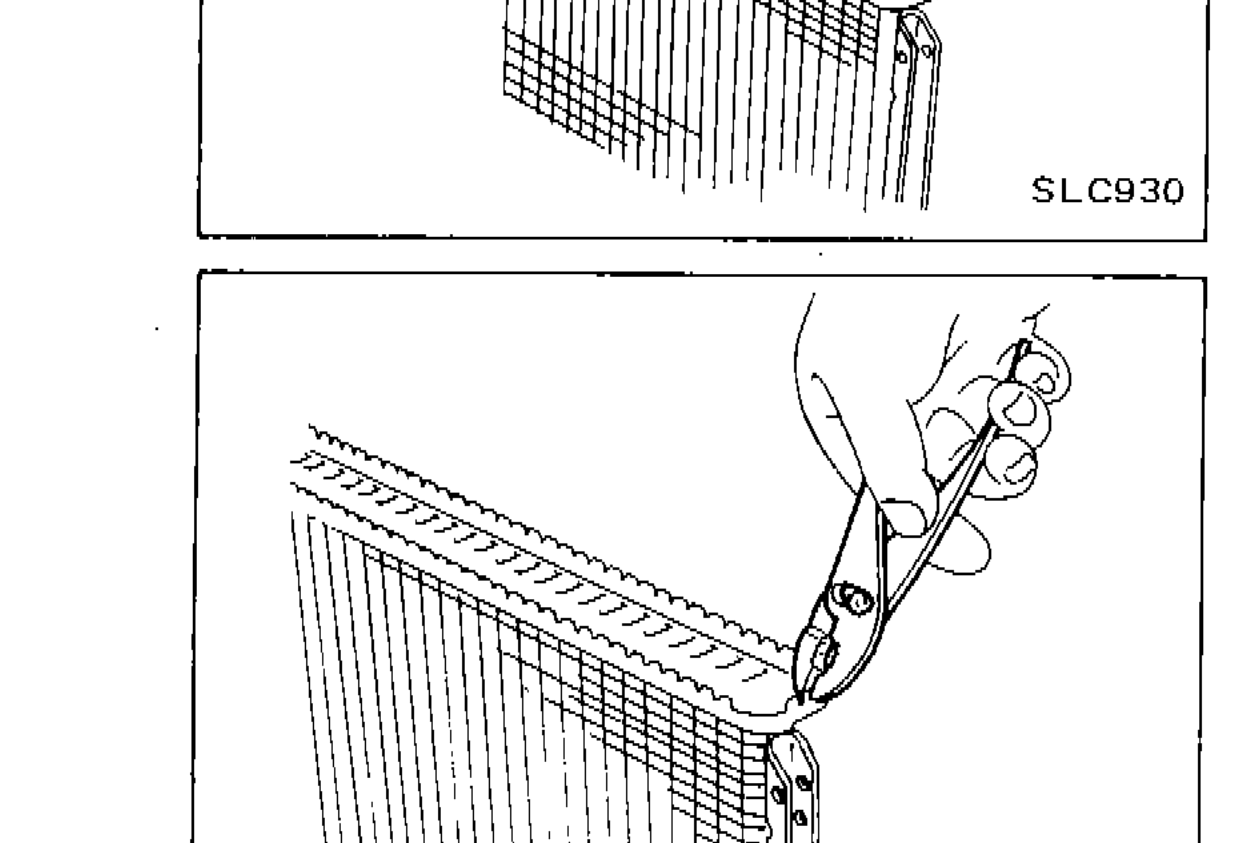 Hand using a tool to straighten the edge of the radiator tank; edge stands straight up