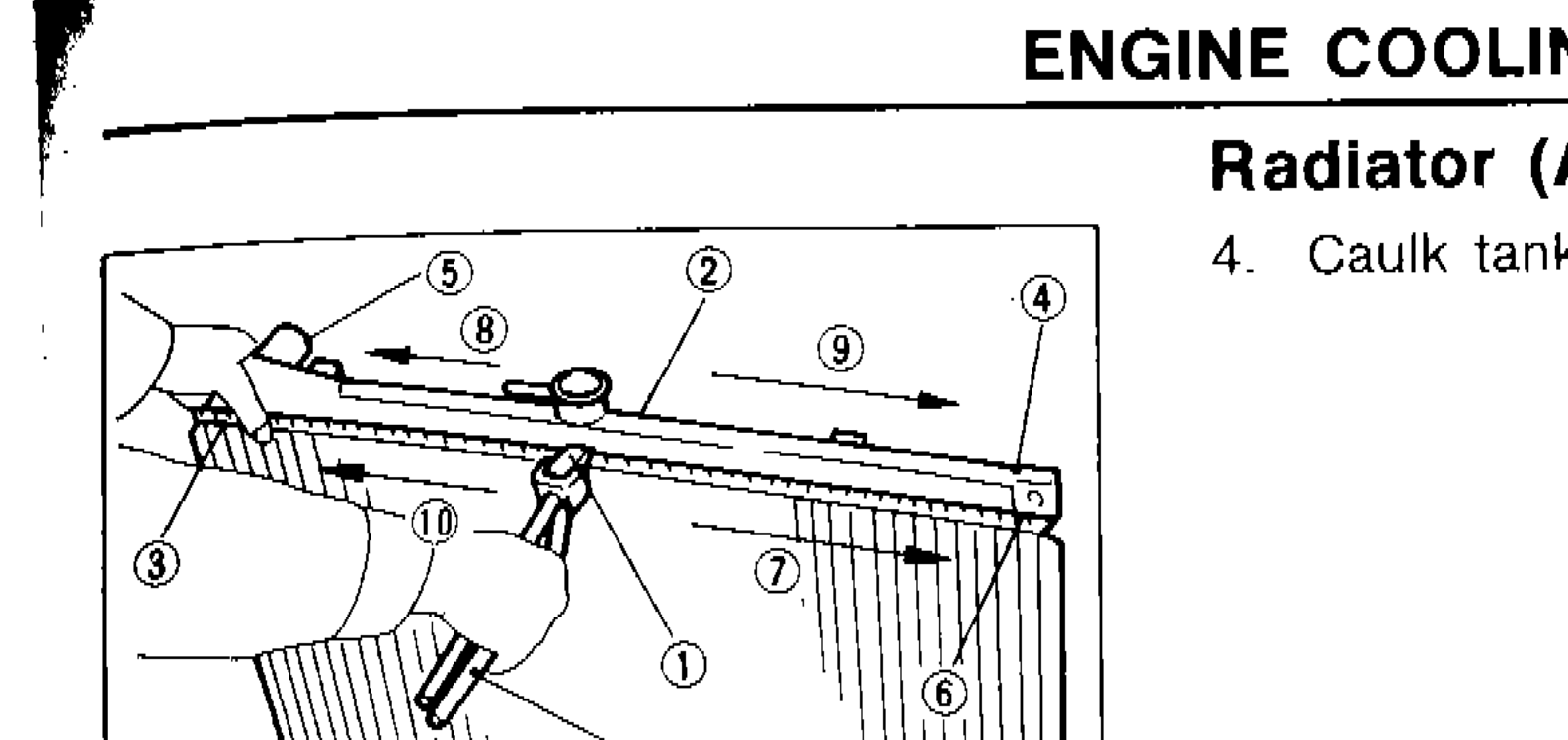Exploded/assembly diagram of radiator aluminum type showing caulking sequence numbers 1–10 and tool KV99103510 position
