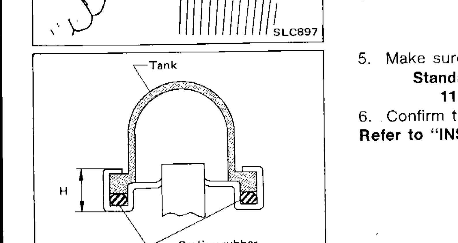 Cross-section diagram showing radiator tank, sealing rubber, and standard height 'H' measurement location