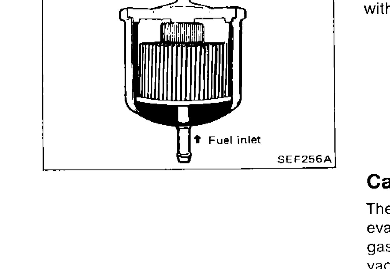Fuel filter cross-section showing fuel outlet (top) and fuel inlet (bottom) with internal filter element