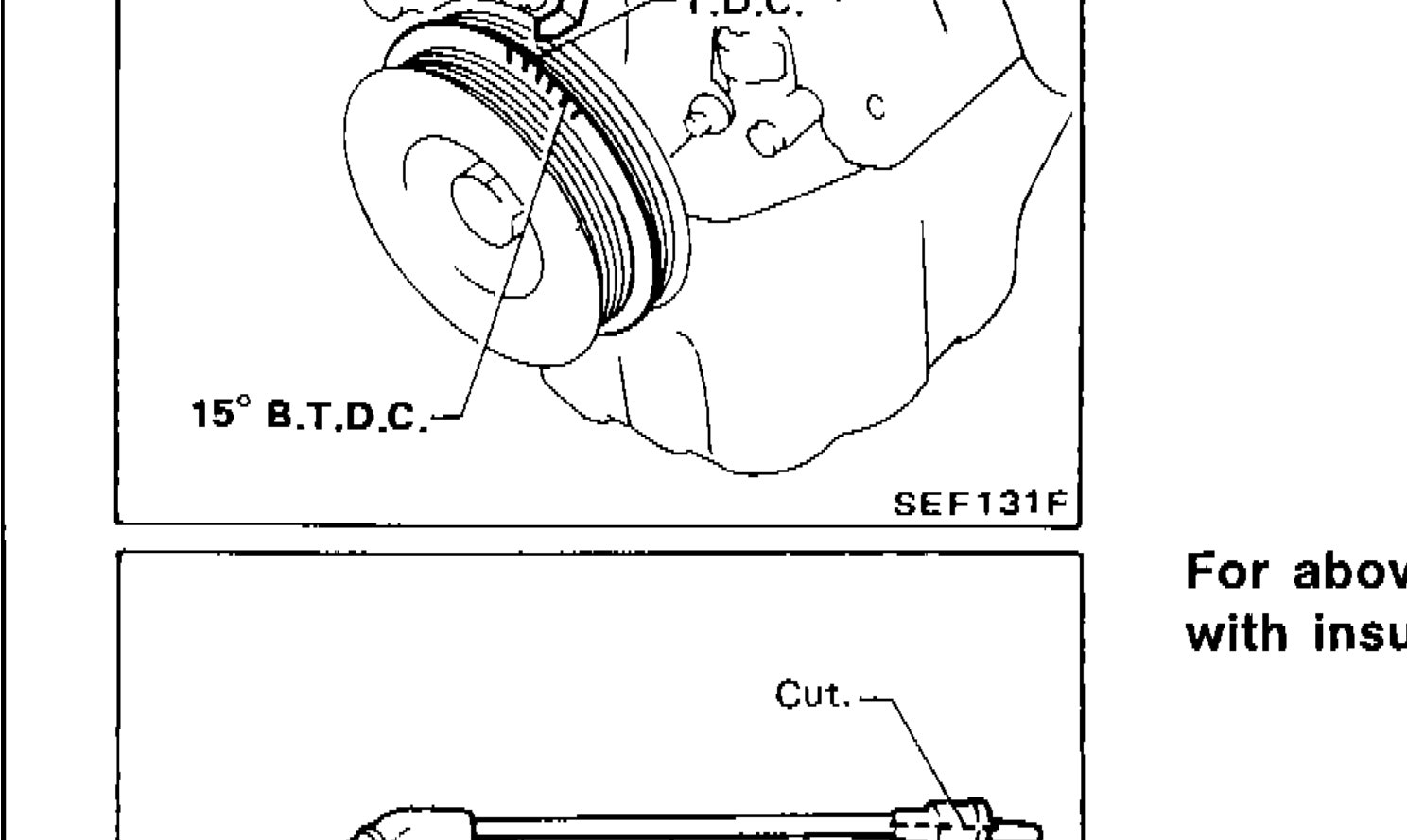 Crankshaft pulley showing T.D.C. and 15° B.T.D.C. timing marks