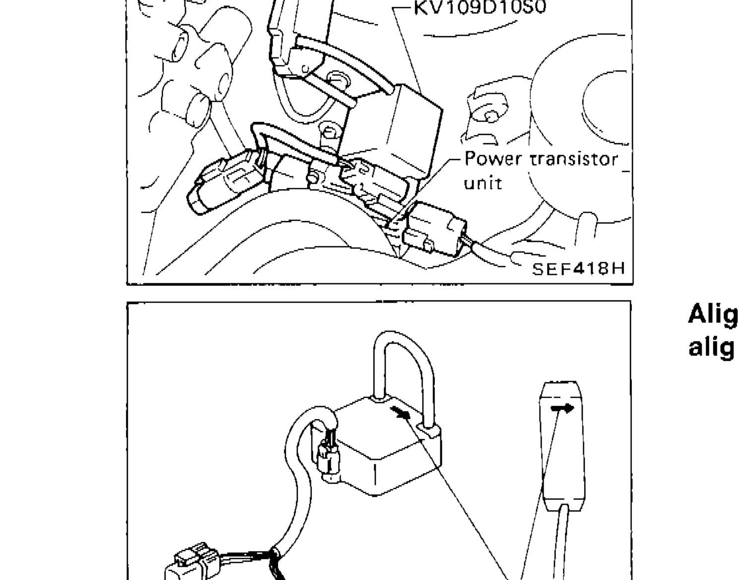 Illustration showing Tool KV109D10S0 connected to power transistor unit with clamp wire
