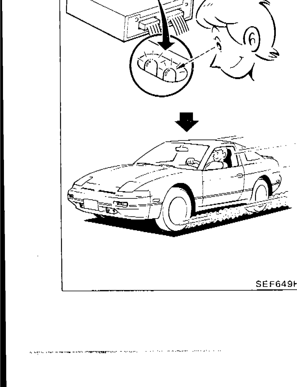 Illustration showing technician performing driving test in the Nissan 200SX after diagnostic procedure