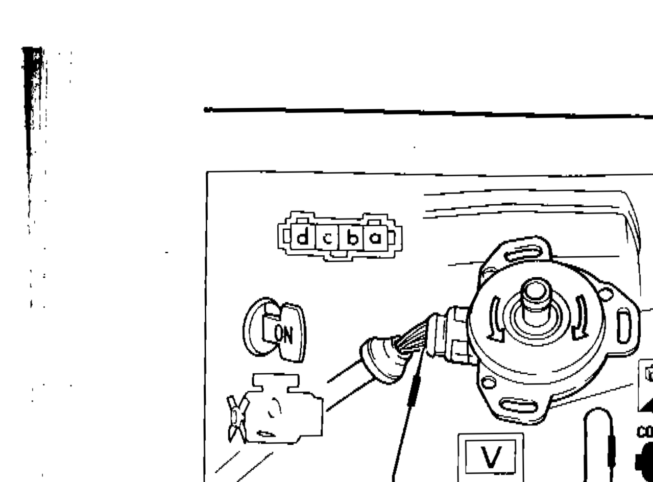 Crank angle sensor with terminals a, b, c, d labeled and voltmeter connected between terminal a and ground, showing connector and shaft rotation